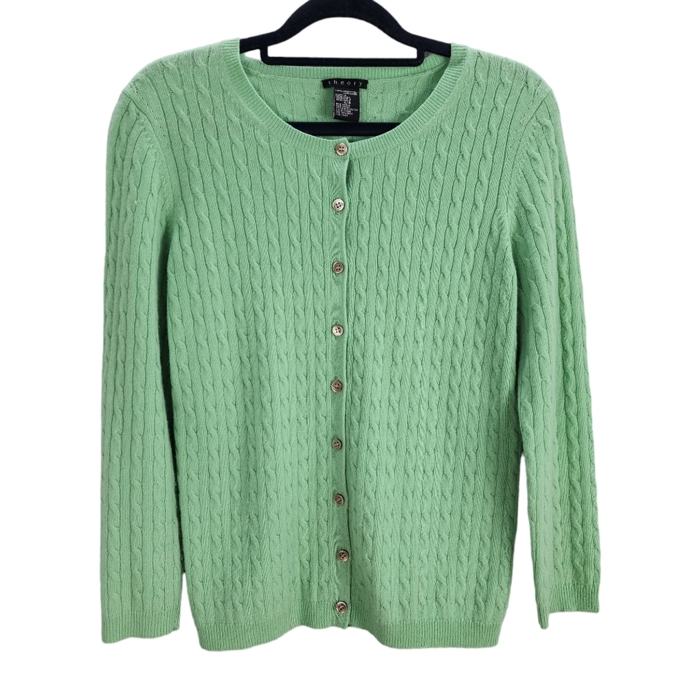Theory Cashmere Cardigan Cable Ribbed Knit Spring Green Small